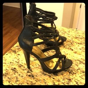 Bebe BlackLeather Strappy Platform OpenToe Sandals